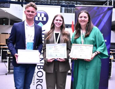 European Sales Competition runners-up Marc Shafer (Aslen University) and Marie Muller-Knapp (Justus Leibig University) pictured with ATOSS winner Eveline Volders.
